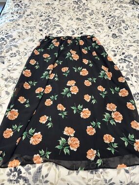 Old Navy Black Floral Midi Skirt with Orange Rose Print